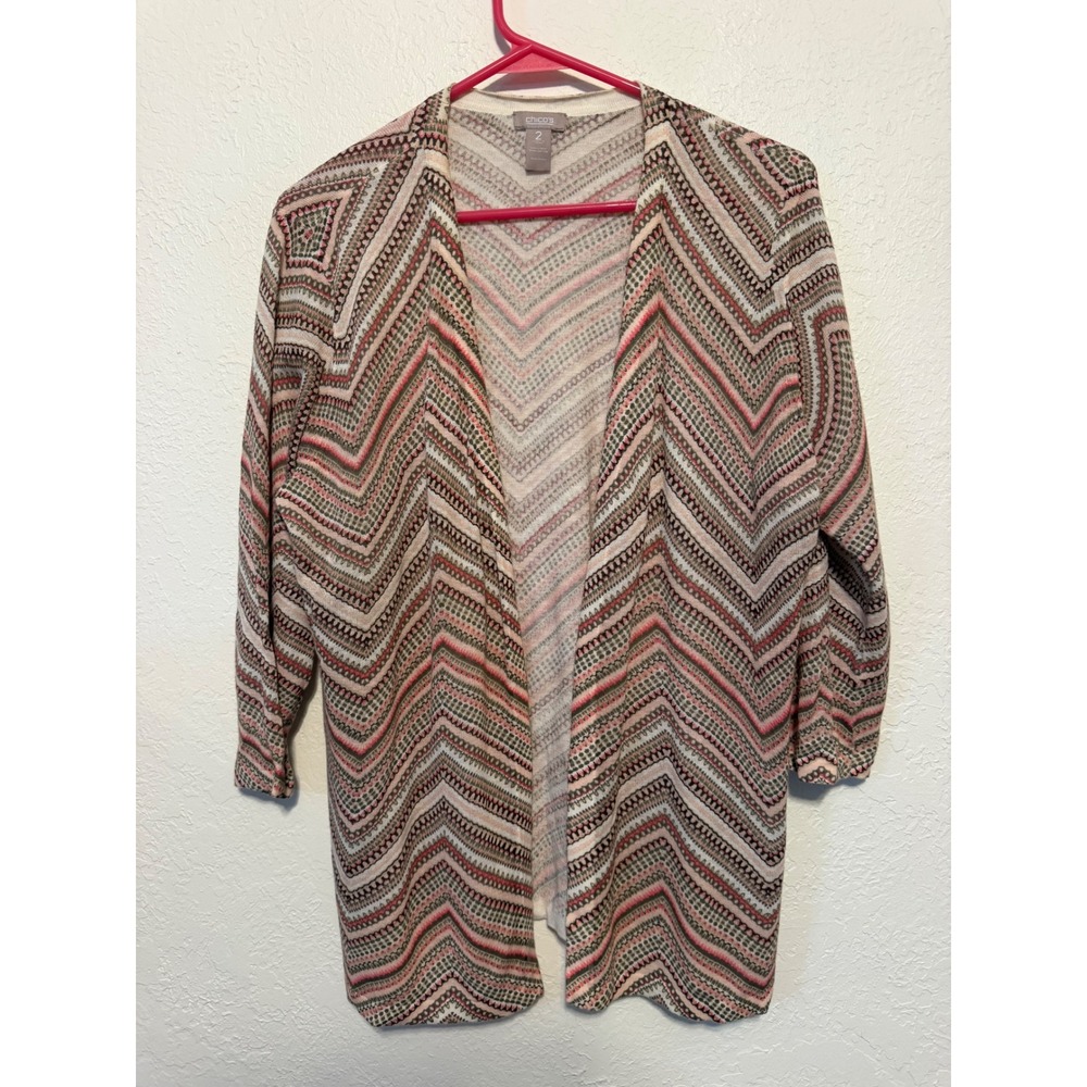 Chicos Linen Cotton Chevron Zigzag Open Front Cardigan Pink Green Size 2 L